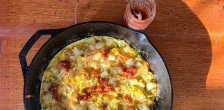 Top this Potato Onion Fritatta with chorizo or bacon.