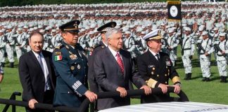 At the July 2019 inauguration of the National Guard, Mexico's top military commanders flank the president