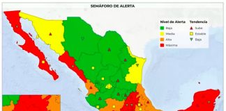The new color-coded map shows the alert level and a trending indicator by state.
