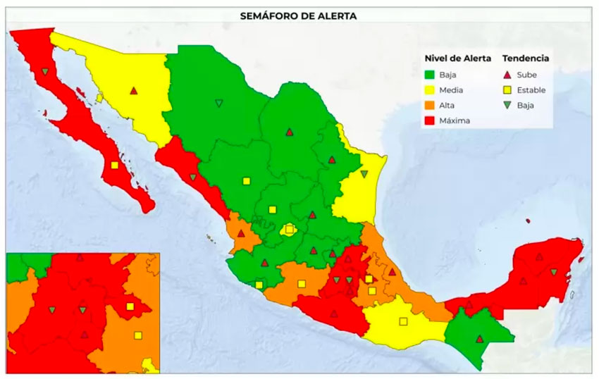 The new color-coded map shows the alert level and a trending indicator by state.