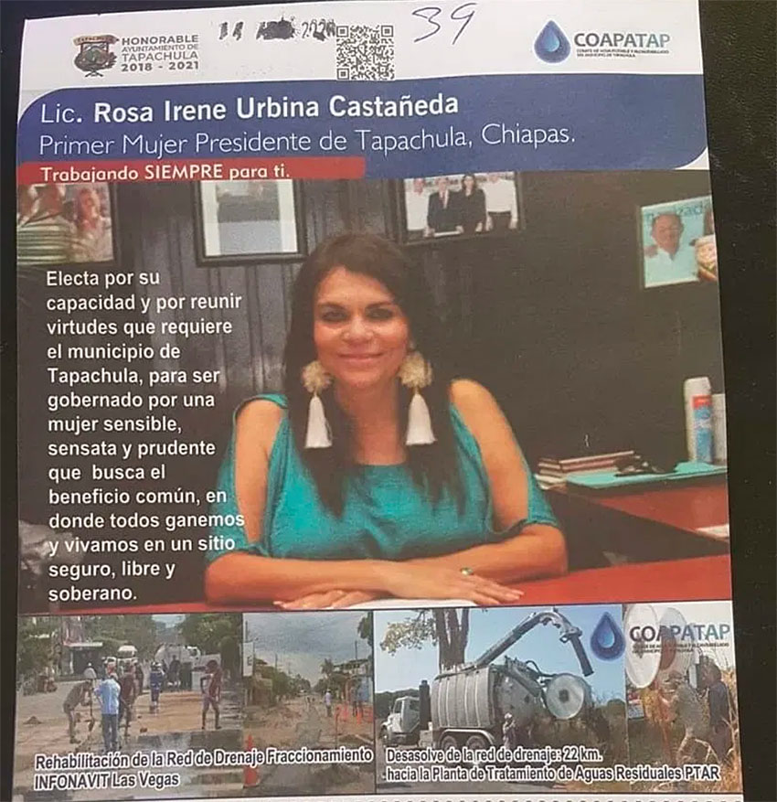 A photo and a flattering description of the mayor on Tapachula water bills.