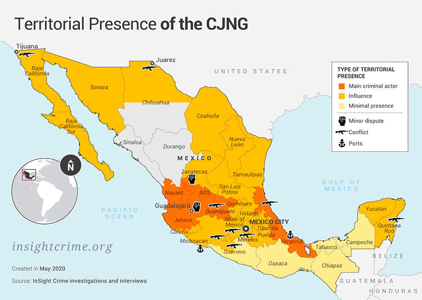 The Jalisco cartel's presence in Mexico. 