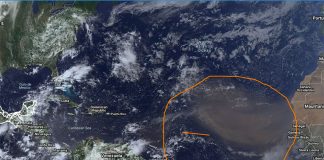 The dust cloud currently making its way across the Atlantic.
