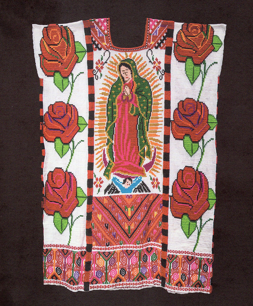 A huipil bearing the image of the Virgin of Guadalupe is the work of Rosa Elvia Leyva Antonio of Rancho Grande, Oaxaca.