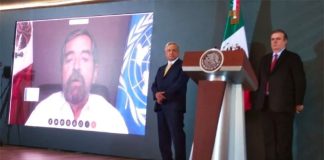 Mexico's ambassador to the UN, Juan Ramón de la Fuente, speaks via video link at the president's press conference on Thursday.