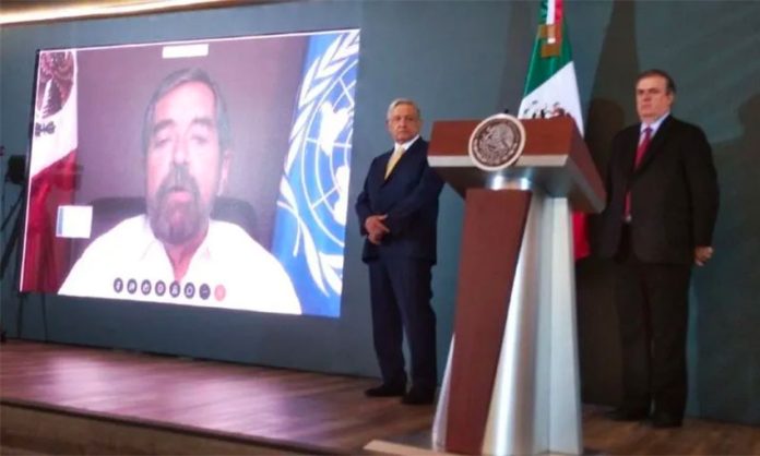 Mexico's ambassador to the UN, Juan Ramón de la Fuente, speaks via video link at the president's press conference on Thursday.