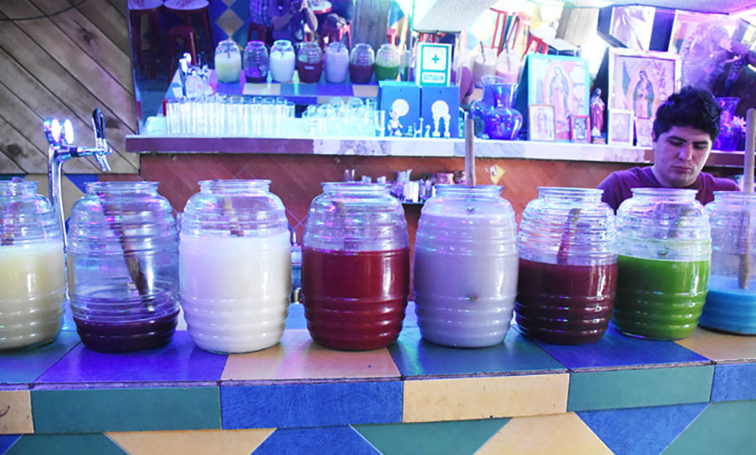 Flavored pulques at 5 Monas in Coyoacán.