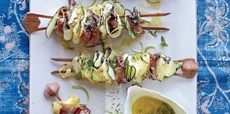 Squash and prosciutto, grilled and served with mint sauce.