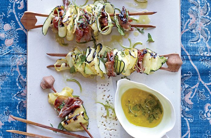 Squash and prosciutto, grilled and served with mint sauce.