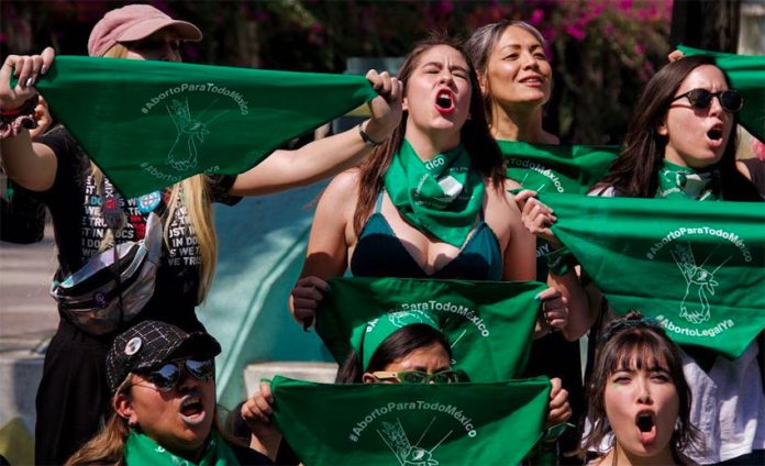 Women demonstrate in favor of abortion in Mexico City.
