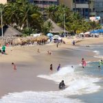 An Acapulco beach with palms and palapas