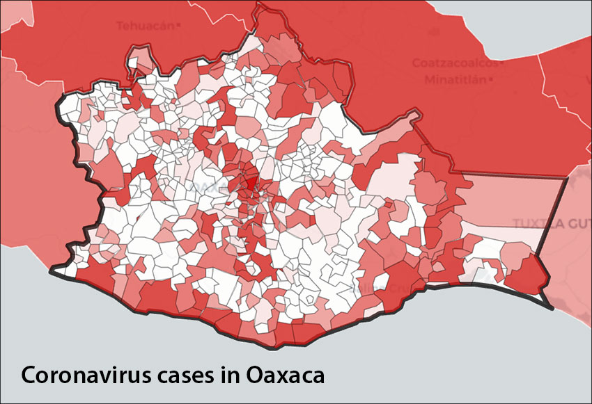 Municipalities in Oaxaca with the most Covid-19 cases are indicated in dark red. 