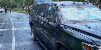 The vehicle in which the Mexico City police chief was traveling when he was attacked.