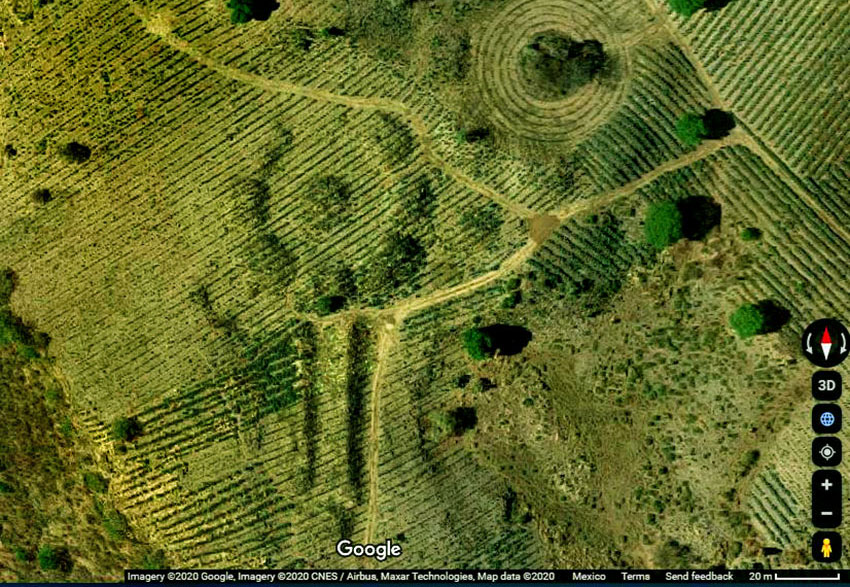 A ball court and Guachimontones at Santa Quiteria, as seen on Google Maps