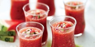 Refreshing shooters of watermelon gazpacho.
