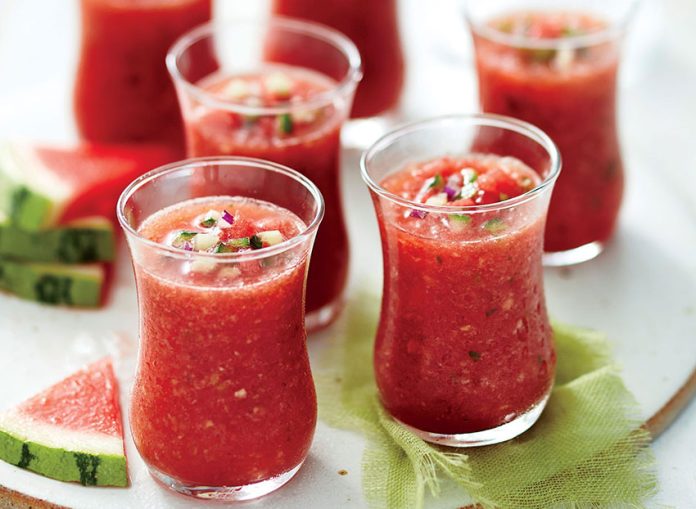 Refreshing shooters of watermelon gazpacho.