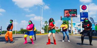 'Superhero' SusanaDistancia (Your Healthy Distance) and companions reinforce safe distance protocols in Culiacán, Sinaloa.
