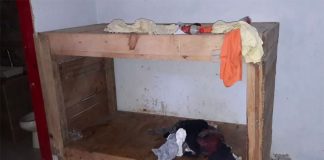 The partially dismantled wooden cage in which a man had been confined by his daughter.