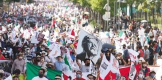 Supporters of President López Obrador march in the capital on Saturday.