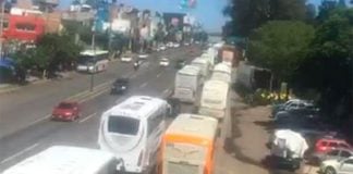 A convoy of buses carries students to a protest.