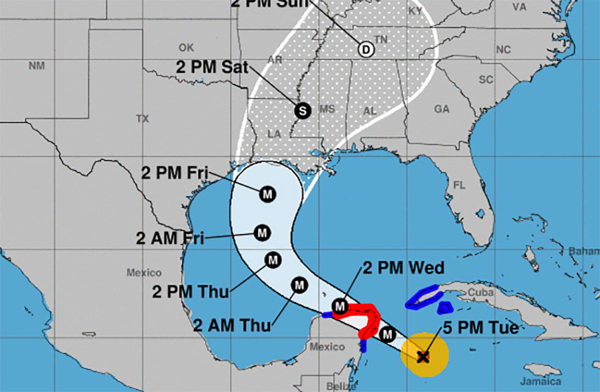 The forecast map issued at 5:00 p.m. EDT by the National Hurricane Center.