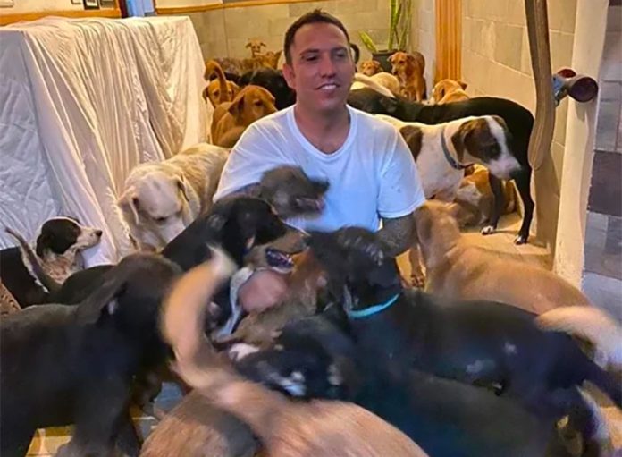 Ricardo Pimentel is surrounded by dogs at his home in Puerto Morelos.