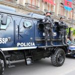 An armored police vehicle on patrol in Mexico City.