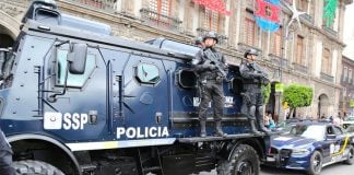 An armored police vehicle on patrol in Mexico City.