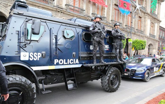 An armored police vehicle on patrol in Mexico City.