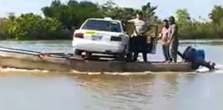 A car is ferried across the Usumacinta River in Tabasco.