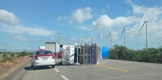 A semitrailer on its side in Oaxaca on Tuesday.