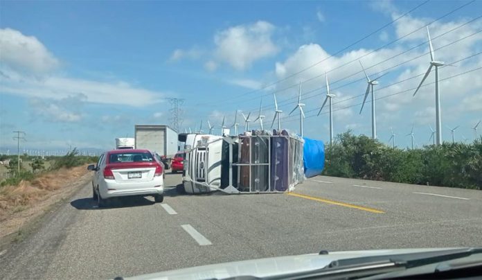 A semitrailer on its side in Oaxaca on Tuesday.