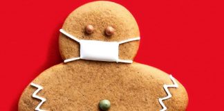 Holiday gingerbread person updated for gift giving in the current era.