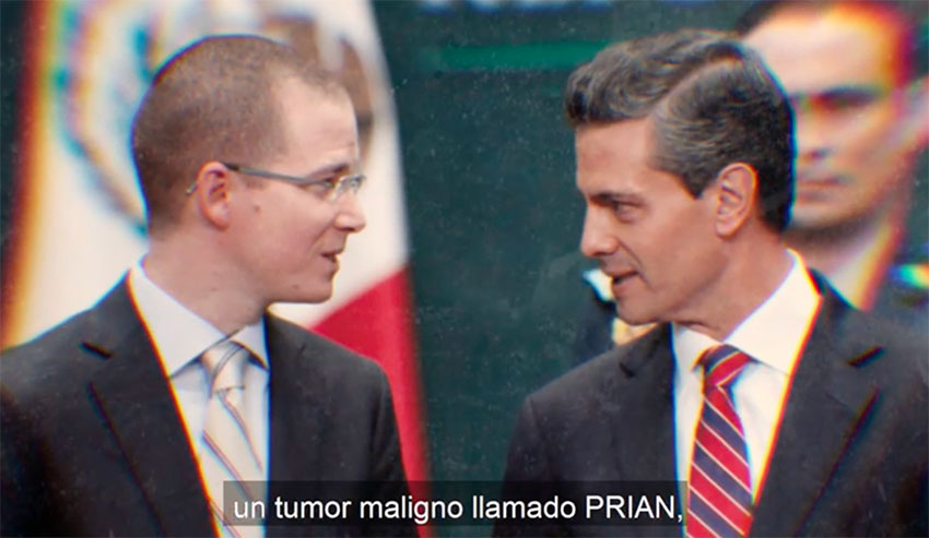 'A malignant tumor called PRIAN,' reads a frame from the Morena video that shows former National Action Party chief Ricardo Anaya, left, and Peña Nieto.