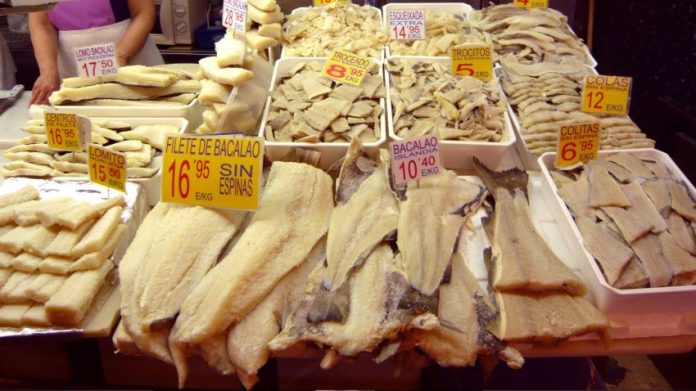 Dried salted cod is used in the traditional Christmas dish bacalao a la vizcaína.