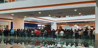 A long line of customers at a Best Buy store on Thursday.