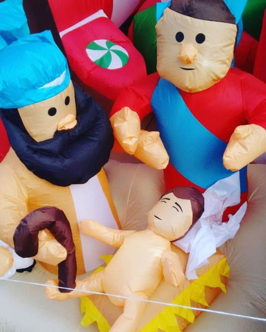 A blow-up nativity scene awaiting a loving home.