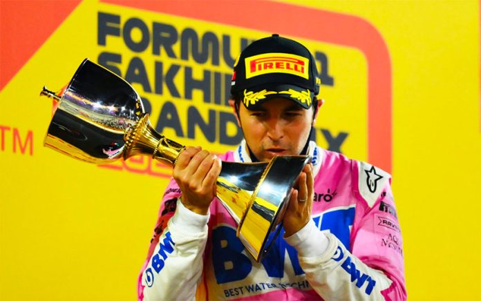 Pérez on the podium Sunday after his big win.