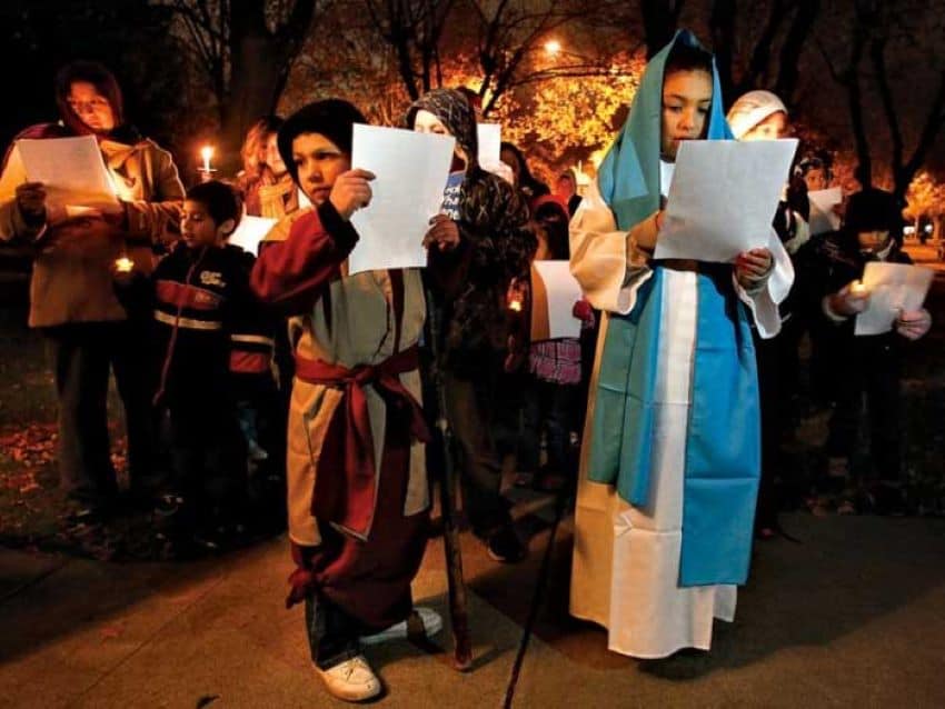 At posadas, a costumed Joseph and Mary ask neighbors for room at the inn.