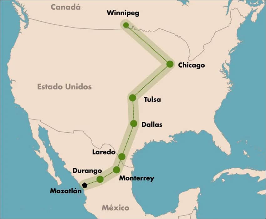 Route of the rail corridor between Mazatlán and Winnipeg.