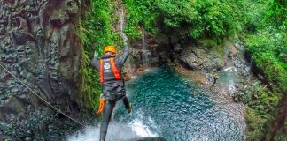 A waterfall jumper during a Tribu Wounaan excursion at the Oro River earlier this week.
