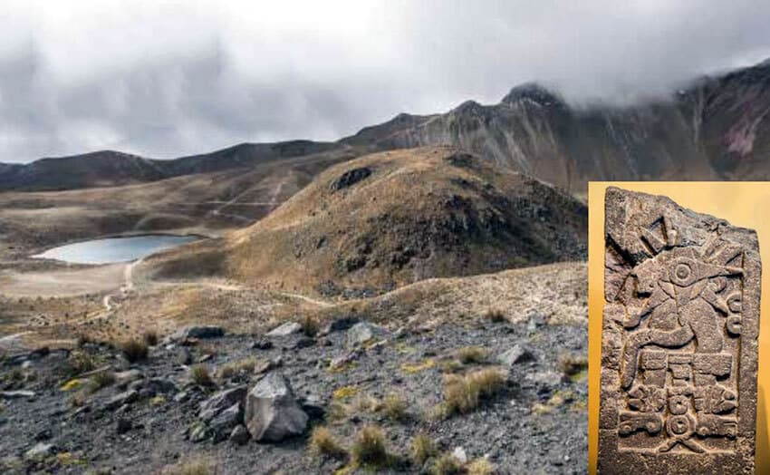 The Nevado de Toluca crater, where this stele (insert) was found.