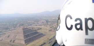 Nicolas Tranchart flying a gyrocopter over Teotihuacan, a feat he says he'd never be allowed to do in his native France.