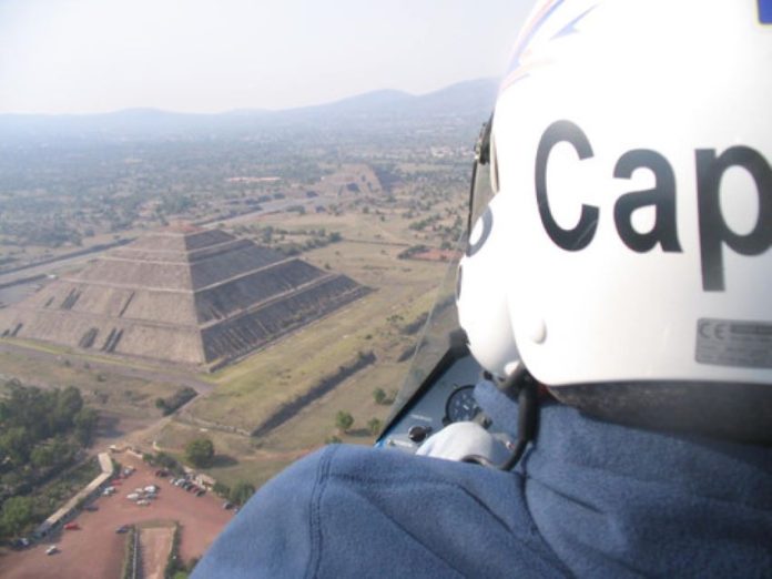 Nicolas Tranchart flying a gyrocopter over Teotihuacan, a feat he says he'd never be allowed to do in his native France.