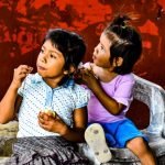 Zihuatanejo primary school children eating at a free community kitchen formed by residents of the La Presa II neighborhood after Covid closed a school lunch program.