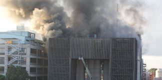 Smoke billows from the Mexico City Metro building in the historic center on Saturday.