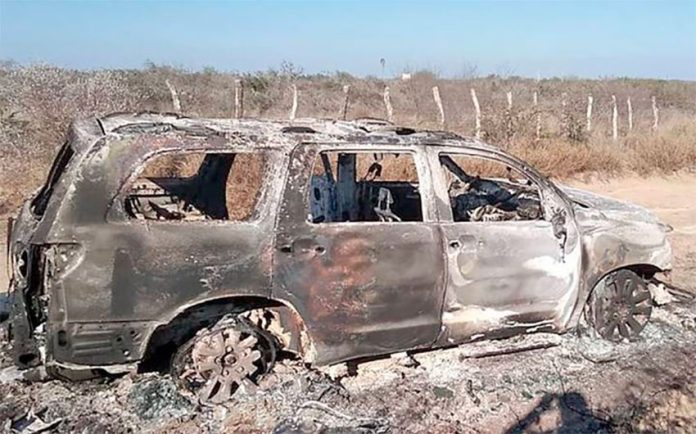 One of two vehicles in which the bodies were found last weekend in Tamaulipas.