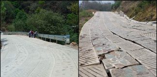 At left, how the road is supposed to look; at right, the damaged road in San Pedro Yolox.