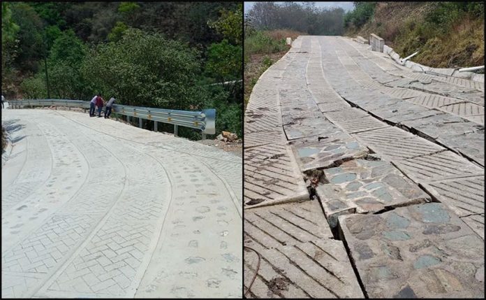 At left, how the road is supposed to look; at right, the damaged road in San Pedro Yolox.