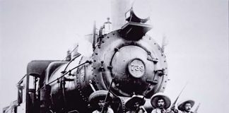 Pancho Villa and friends ride the cowcatcher.